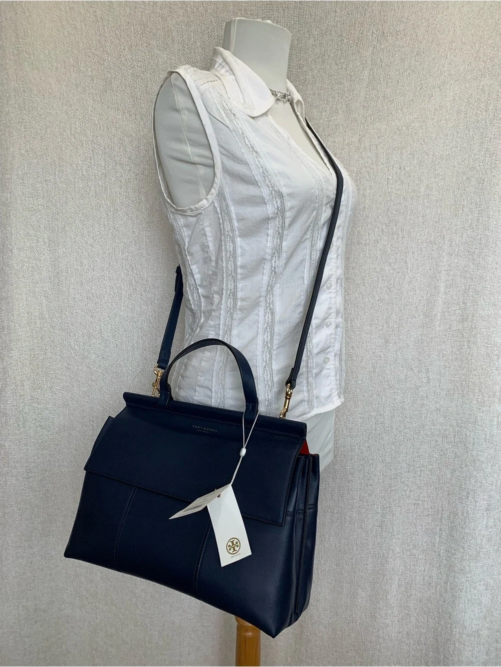 Tory Burch Block T Navy/Red Leather Satchel/Long Crossbody/Shoulder Strap